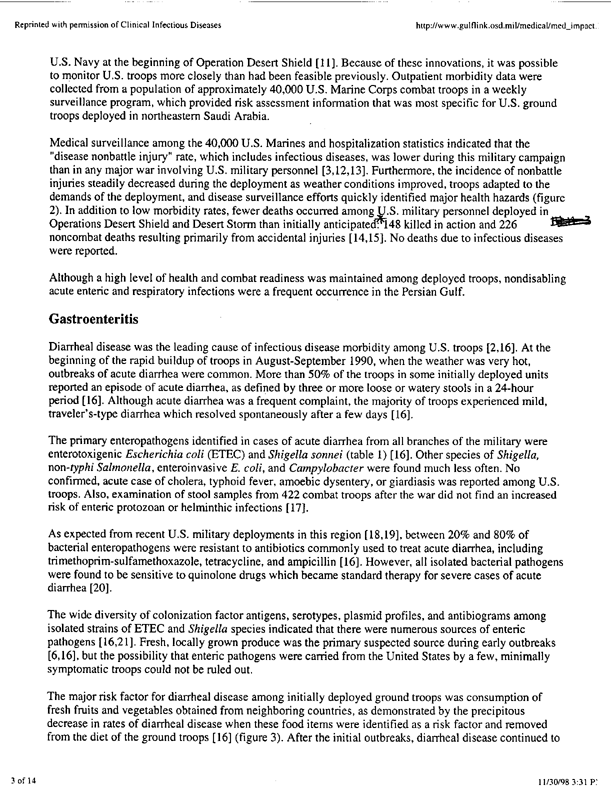 Hyams, Kenneth C., et al., �The Impact of Infectious Diseases on the Health of US Troops Deployed to the Persian Gulf During Operations Desert Shield/Desert Storm,� Clinical Infectious Diseases, 20:1497-1504, 1995, p. 1-8;