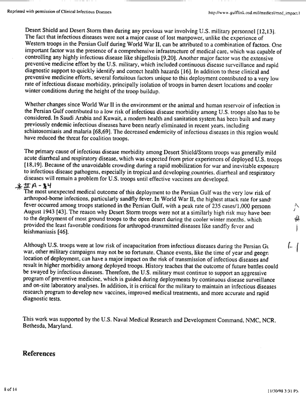 Hyams, Kenneth C., et al., �The Impact of Infectious Diseases on the Health of US Troops Deployed to the Persian Gulf During Operations Desert Shield/Desert Storm,� Clinical Infectious Diseases, 20:1497-1504, 1995, p. 1-8;