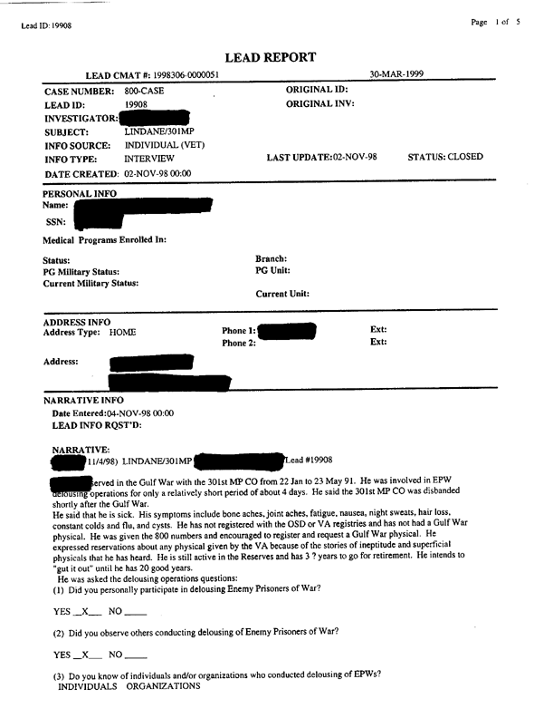 Lead Sheet #19908, Interview with 301st Military Police Camp veteran, November 4, 1998, p. 3.