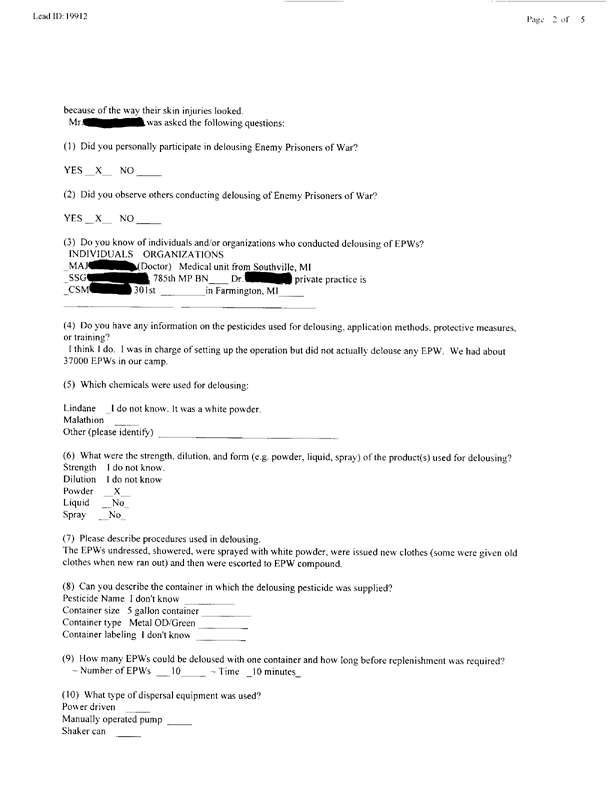   Lead Sheet #19912, Interview with 301st Military Police Camp veteran, November 11, 1998.