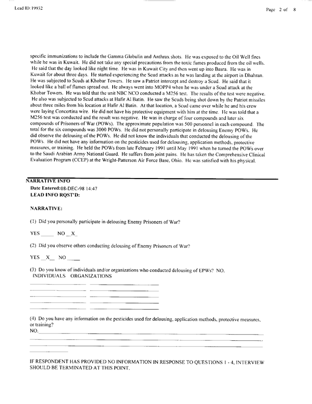   Lead Sheet #19932, Interview with 301st Military Police Camp veteran, December 7, 1998.