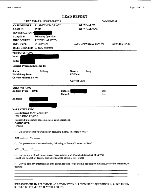 Lead Sheet #19946, Interview with 403rd Military Police Camp veteran, November, 3, 1998, p. 3.