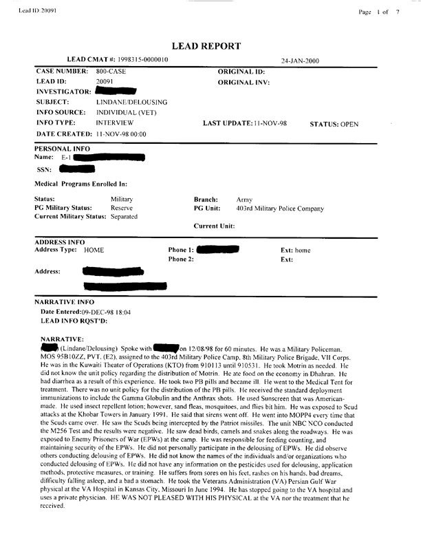   Lead Sheet #20091, Interview with 403rd Military Police Camp veteran, December 8, 1998.