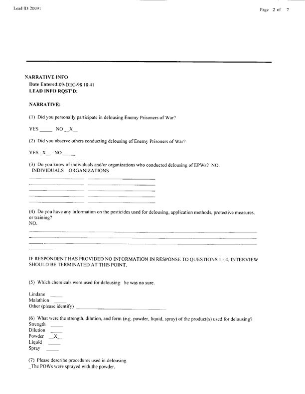   Lead Sheet #20091, Interview with 403rd Military Police Camp veteran, December 8, 1998.