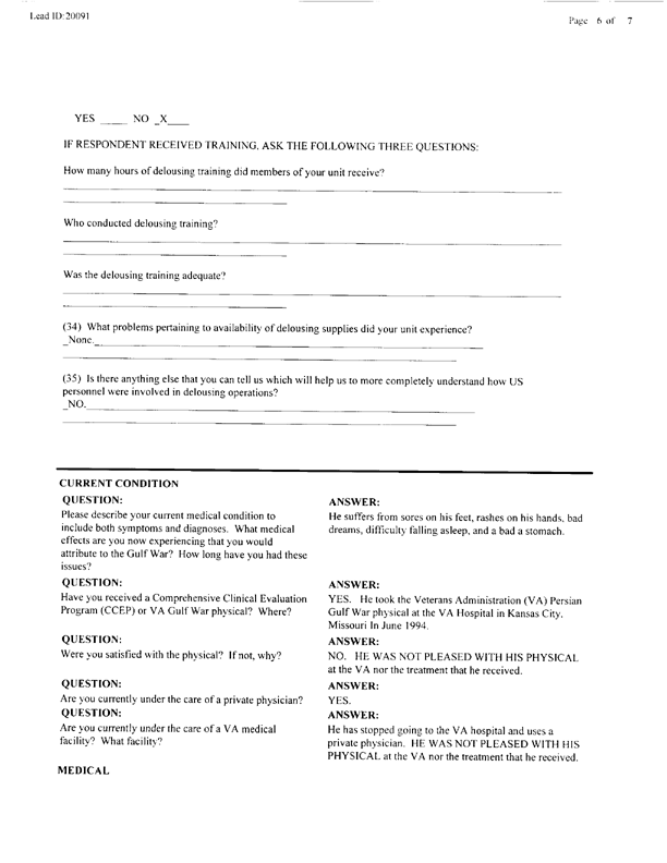   Lead Sheet #20091, Interview with 403rd Military Police Camp veteran, December 8, 1998.