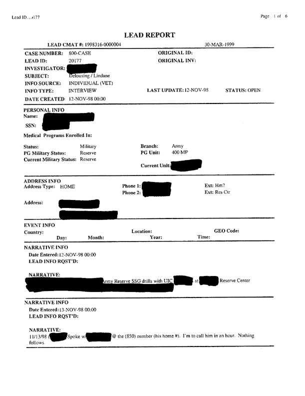 Lead Sheet #20177, Interview with 400th Military Police Camp veteran, November 18, 1998, p. 3-4. 