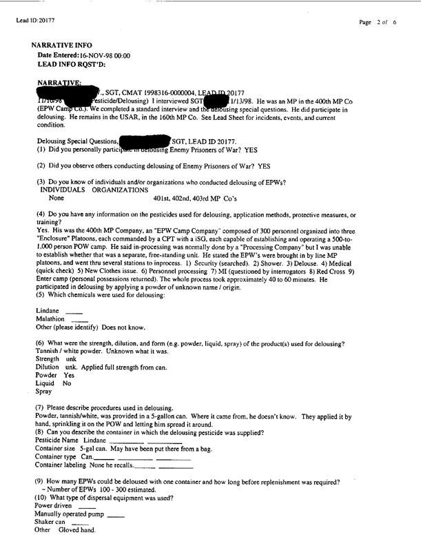 Lead Sheet #20177, Interview with 400th Military Police Camp veteran, November 18, 1998, p. 3-4. 