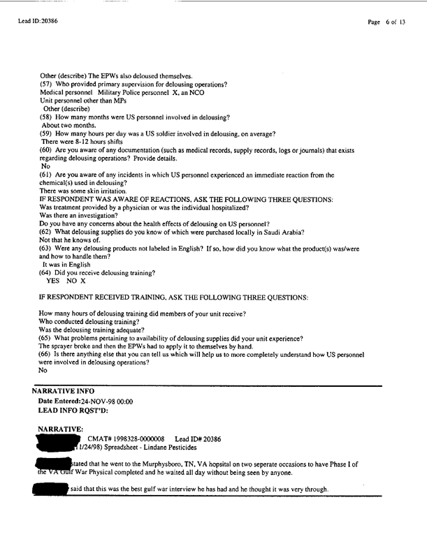 Lead Sheet #20386, Interview with 401st Military Police Camp veteran, December 18, 1998, p. 3.
