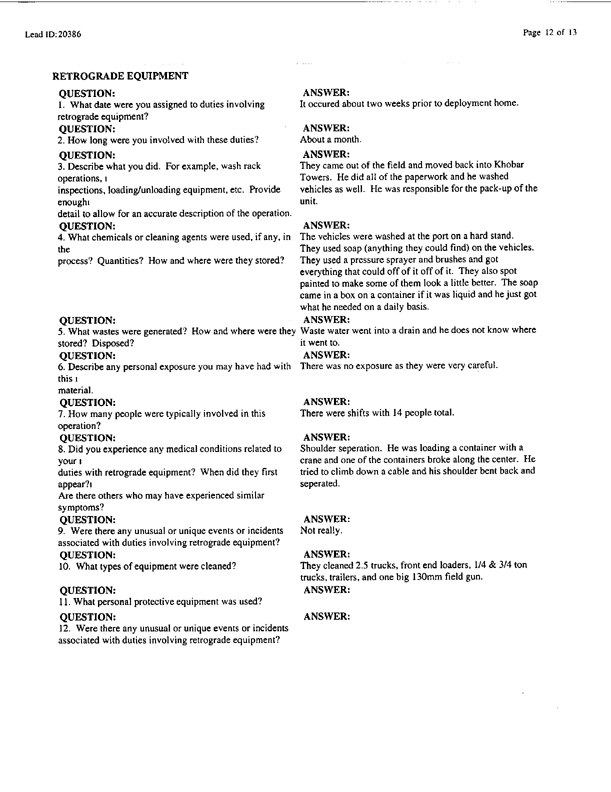 Lead Sheet #20386, Interview with 401st Military Police Camp veteran, December 18, 1998, p. 3.