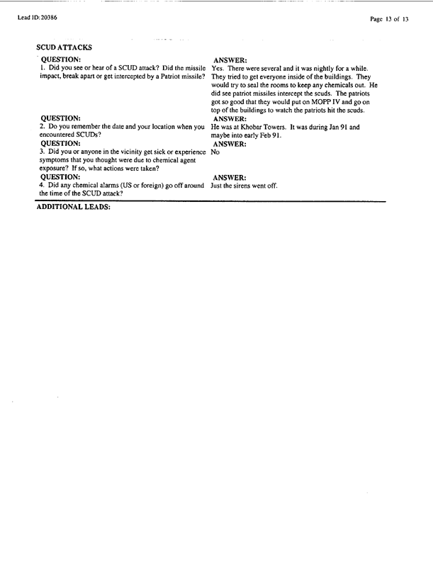 Lead Sheet #20386, Interview with 401st Military Police Camp veteran, December 18, 1998, p. 3.