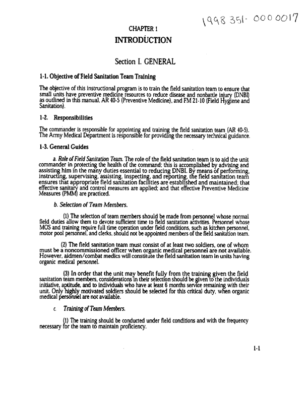 US Army Field Manual FM 21-10-1, �Unit Field Sanitation Team,� October 11, 1989, p. 1-1.
