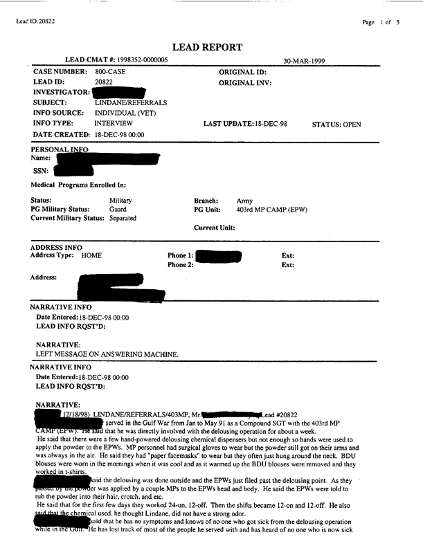 Lead Sheet #20822, Interview with 403rd Military Police Camp veteran, December 18, 1998, p. 1.