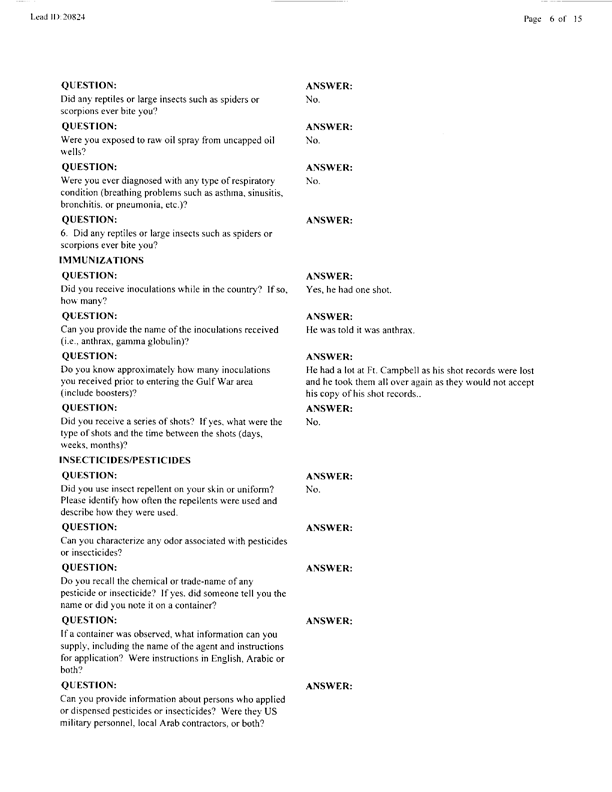   Lead Sheet #20824, Interview with 401st Military Police Camp veteran, April 5, 1999.