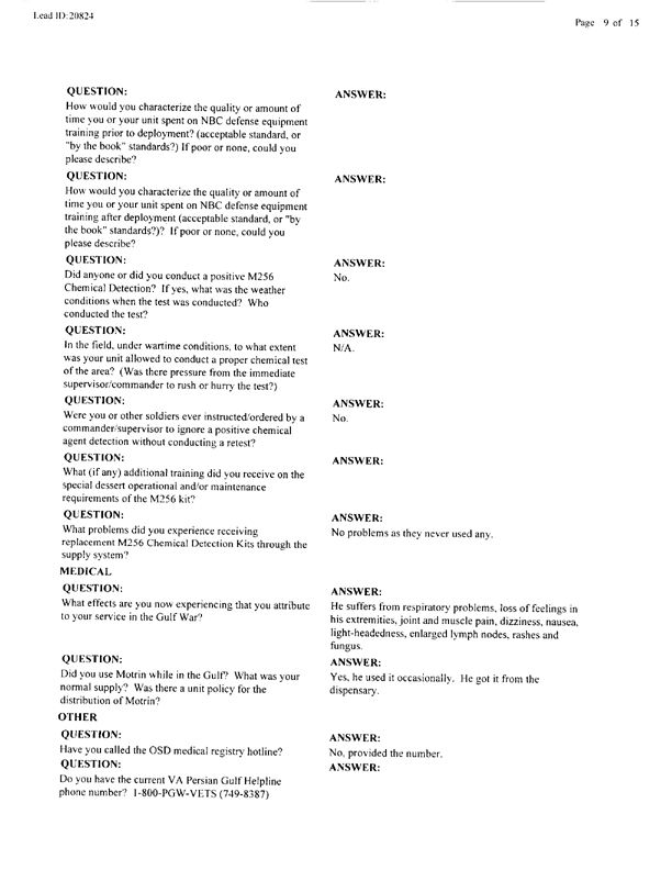   Lead Sheet #20824, Interview with 401st Military Police Camp veteran, April 5, 1999.