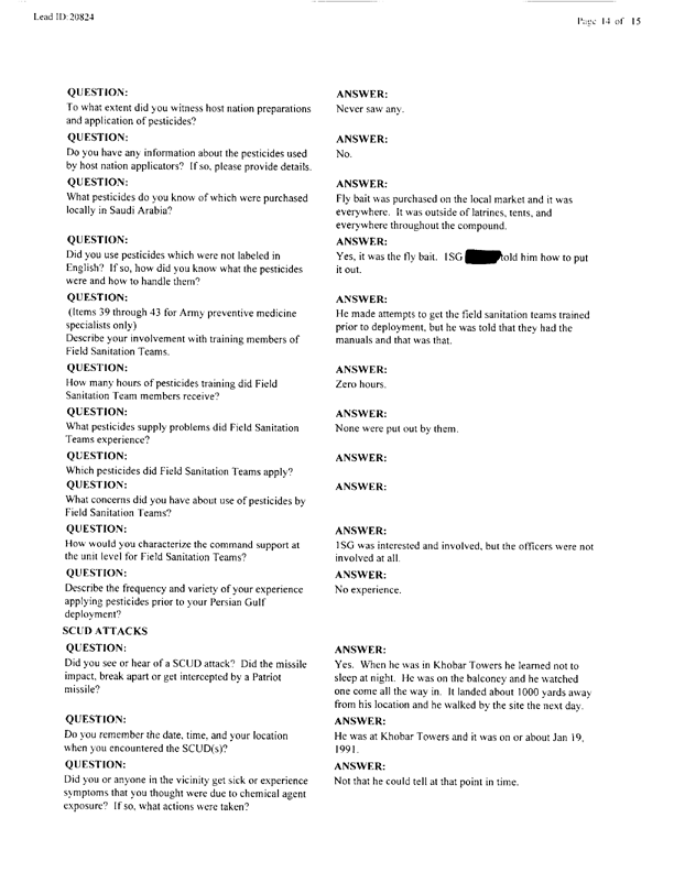   Lead Sheet #20824, Interview with 401st Military Police Camp veteran, April 5, 1999.