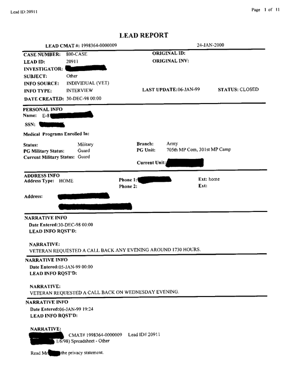   Lead Sheet #20911, Interview with 301st Military Police Camp veteran, January 6, 1999.