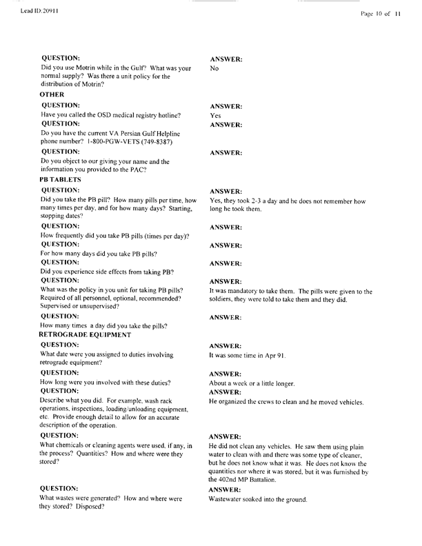   Lead Sheet #20911, Interview with 301st Military Police Camp veteran, January 6, 1999.