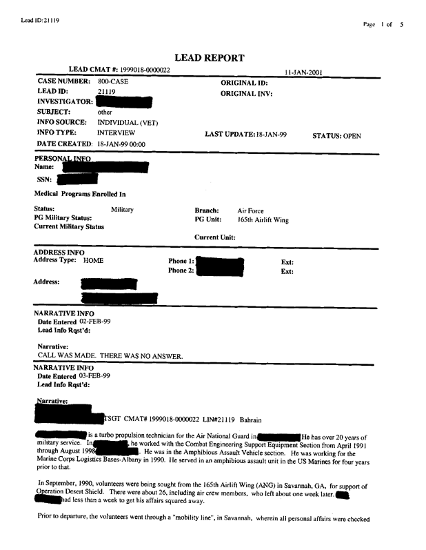  Lead Sheet #21119, Interview with 165th Airlift Wing turbo propulsion technician, February 2, 1999.