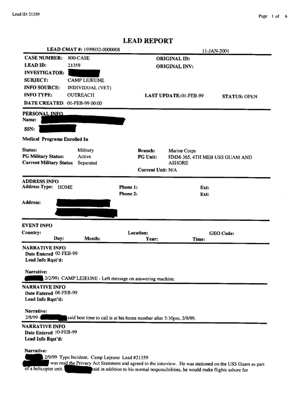   Lead Sheet #21359, Interview with HMM-365, 4th MEB helicopter pilot, February 9, 1999