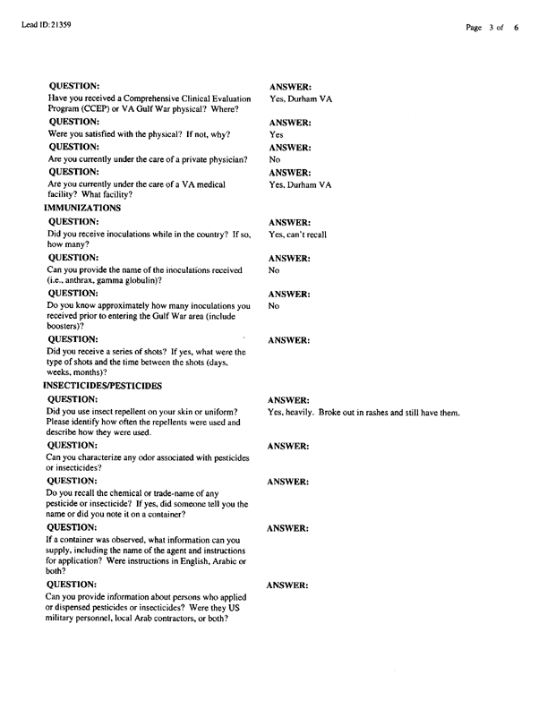   Lead Sheet #21359, Interview with HMM-365, 4th MEB helicopter pilot, February 9, 1999
