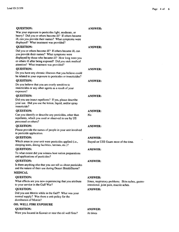   Lead Sheet #21359, Interview with HMM-365, 4th MEB helicopter pilot, February 9, 1999
