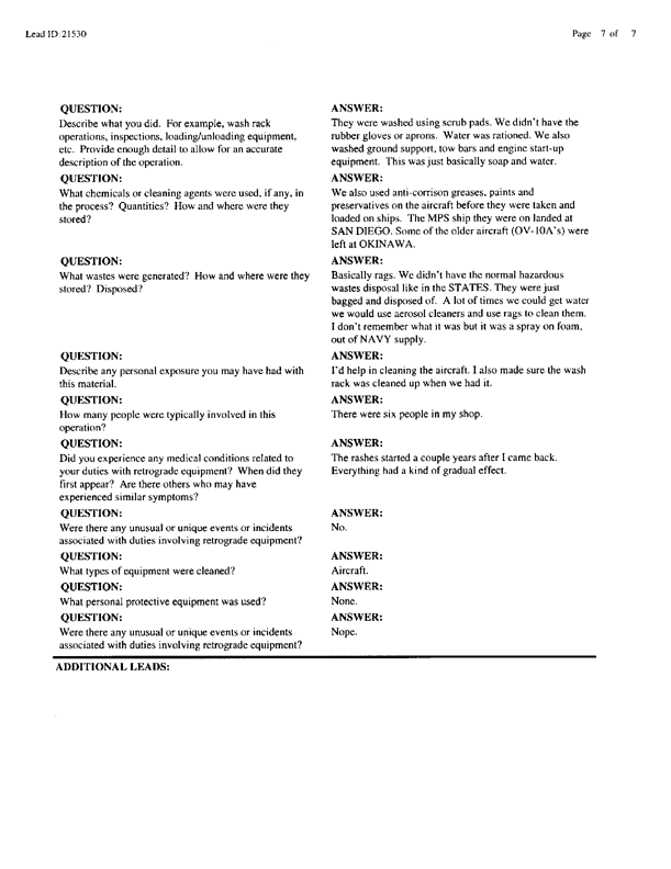   Lead Sheet #21530, Interview with MAG26/VMO-1 quality assurance senior supervisor, February 4, 1999.