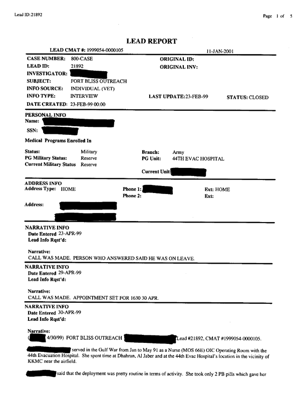   Lead Sheet #21892, Interview with 44th Evac Hospital nurse, April 30 1999.