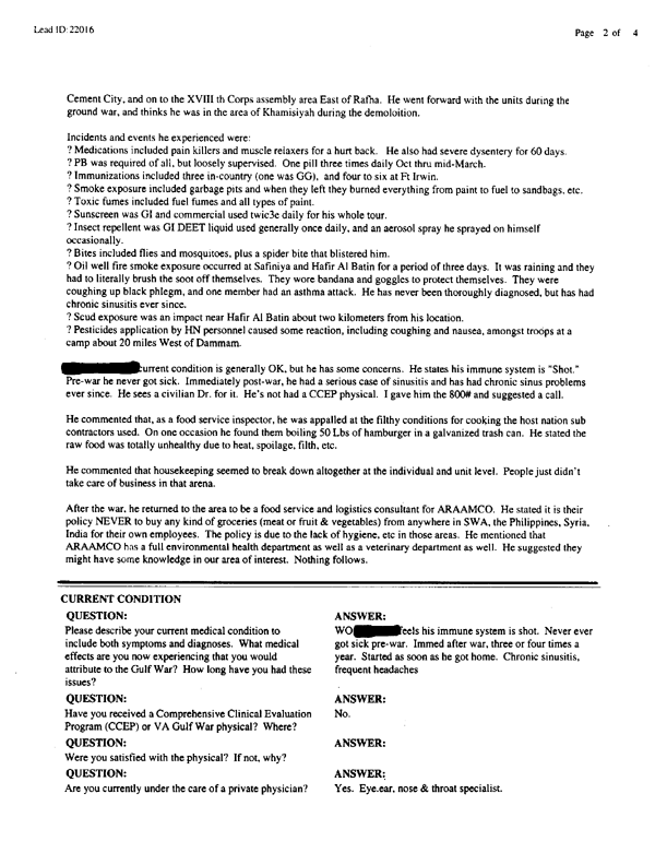   Lead Sheet #22016, Interview with 316th Quartermaster Detachment truck driver, March 31, 1999.