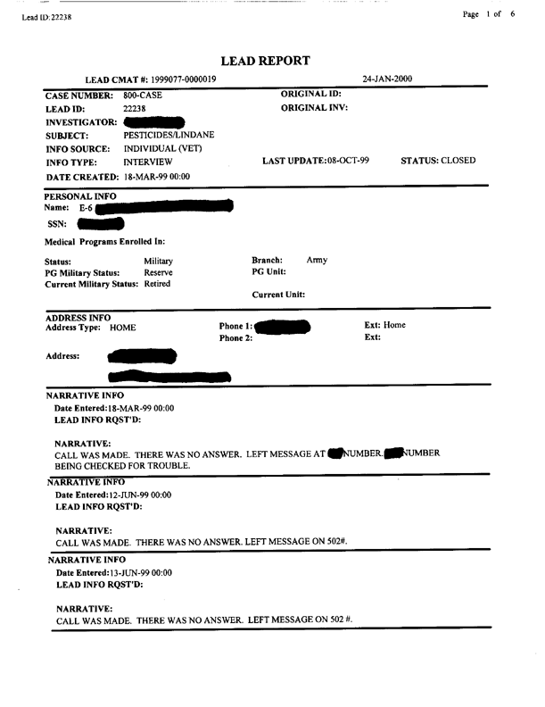 Lead Sheet #22238, Interview with PM DET SWA preventive medicine specialist, March 1, 1998.
