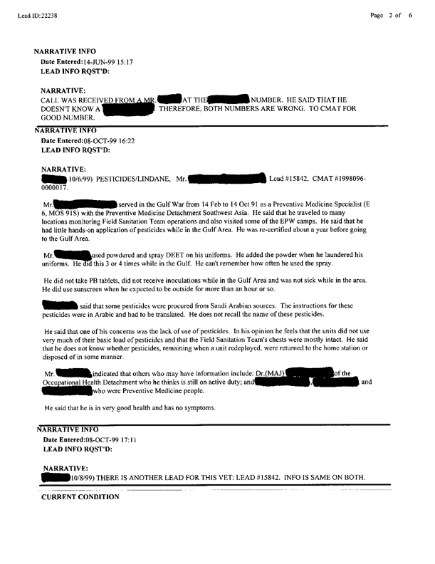 Lead Sheet #22238, Interview with PM DET SWA preventive medicine specialist, March 1, 1998.