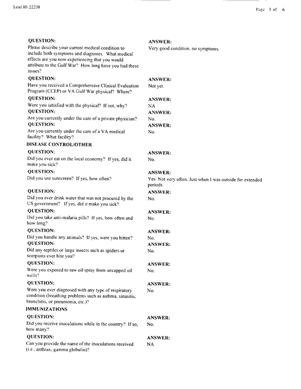 Lead Sheet #22238, Interview with PM DET SWA preventive medicine specialist, March 1, 1998.