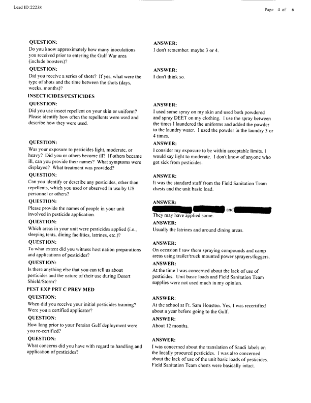 Lead Sheet #22238, Interview with PM DET SWA preventive medicine specialist, March 1, 1998.