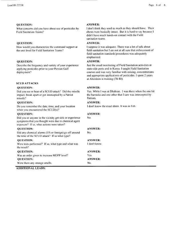 Lead Sheet #22238, Interview with PM DET SWA preventive medicine specialist, March 1, 1998.