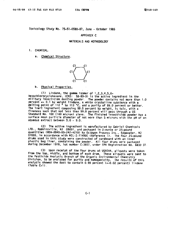 U.S. Army Environmental Hygiene Agency, �Determination of Exposure Levels in a Simulated Delousing Procedure,�  Study # 75-51-0580-86, October 15, 1986, p. C-1.