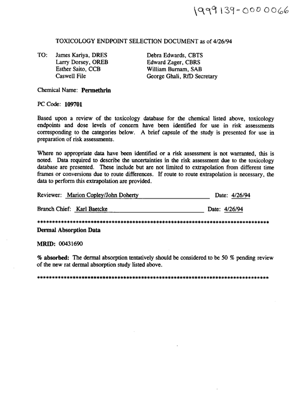 Environmental Protection Agency, �Permethrin: Toxicology Endpoint Selection Document,� April 26, 1994, p. 4.