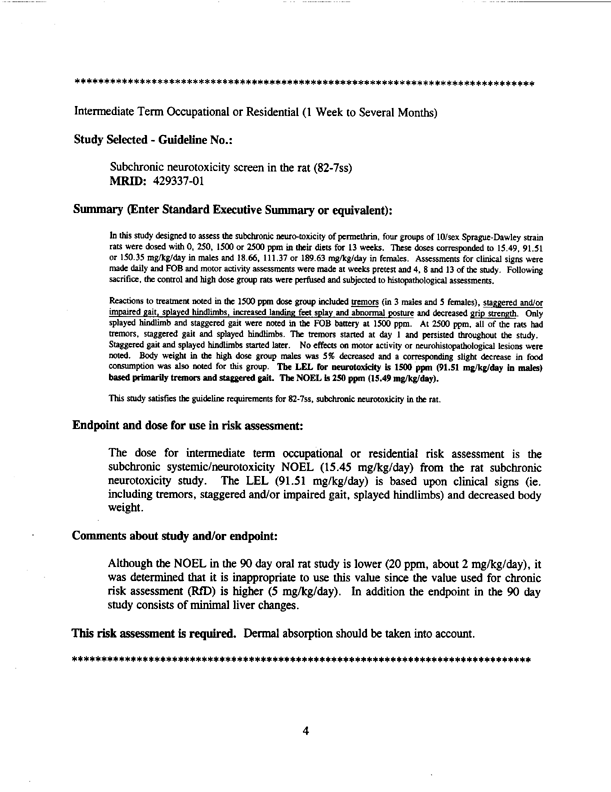 US Environmental Protection Agency, �Permethrin: Toxicology Endpoint Selection Document,� April 26, 1994, p. 4.