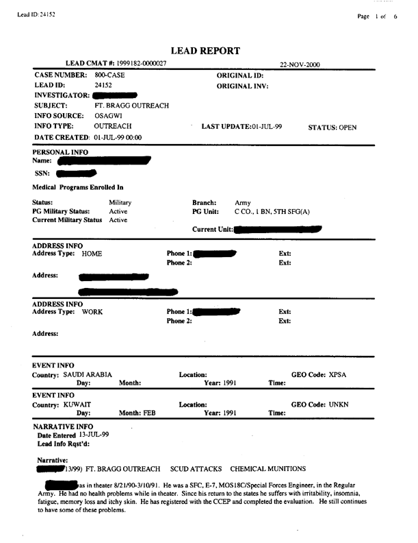   Lead Sheet #24152, Interview with 1st Battalion, 5th SFG(A) special forces engineer, July 13, 1999.
