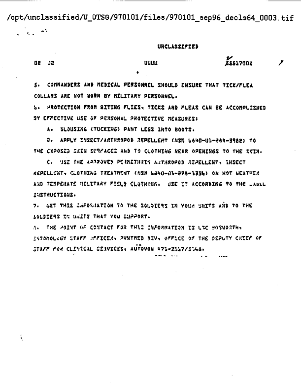 US Army Health Services Command message, Subject: �Misuse of Tick/Flea Collars,� September 14, 1990.