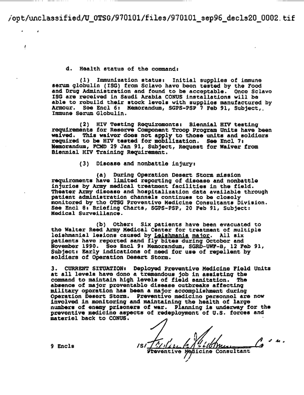 US Army Surgeon General, Preventive Medicine Consultant, Situation Summary Report, Desert Storm Preventive Medicine,  February 1991.