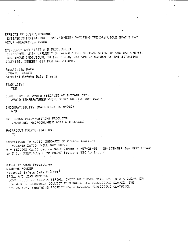 US Army Field Manual FM 8-250 �Preventive Medicine Specialist,� July 31, 1974, p. 15-10 through 15-12; Military Specification MIL-I-11490D �Insecticide, Lindane, Powder, Dusting 25 Pounds,� Edgewater, New Jersey, March 31, 1986.