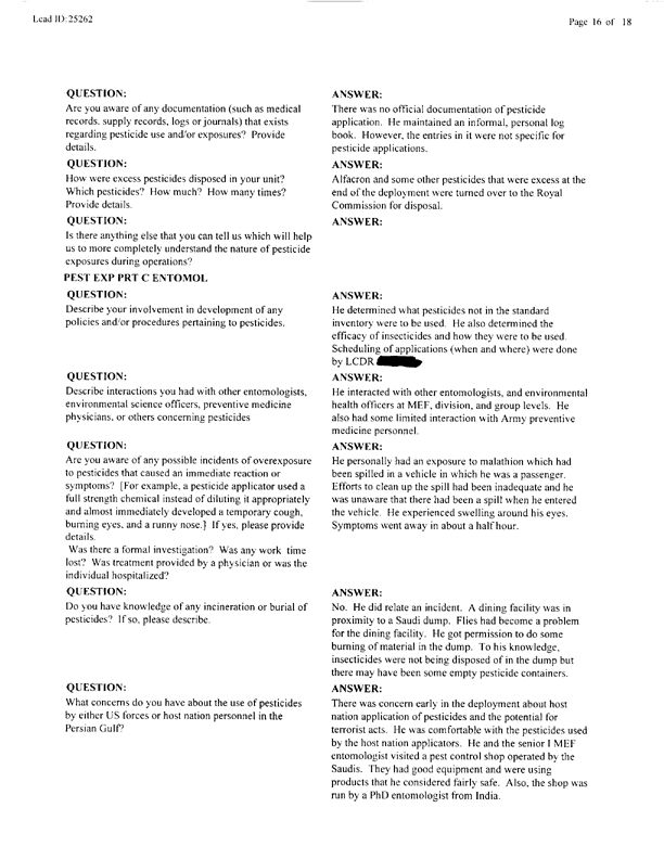   Lead Sheet #25262, Interview with 1st Medical Battalion entomologist, November 4, 1999.